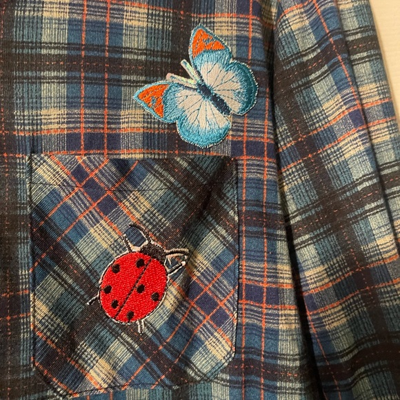 Urban Girl Appliqué Embellished Button Down Plaid Flannel Shirt Women’s Large - Picture 4 of 11